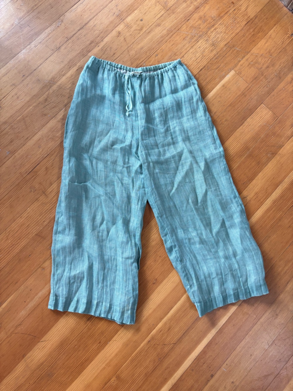 Margaret O’Leary 100% Linen Seafoam Wide Leg Drawstring Pants S